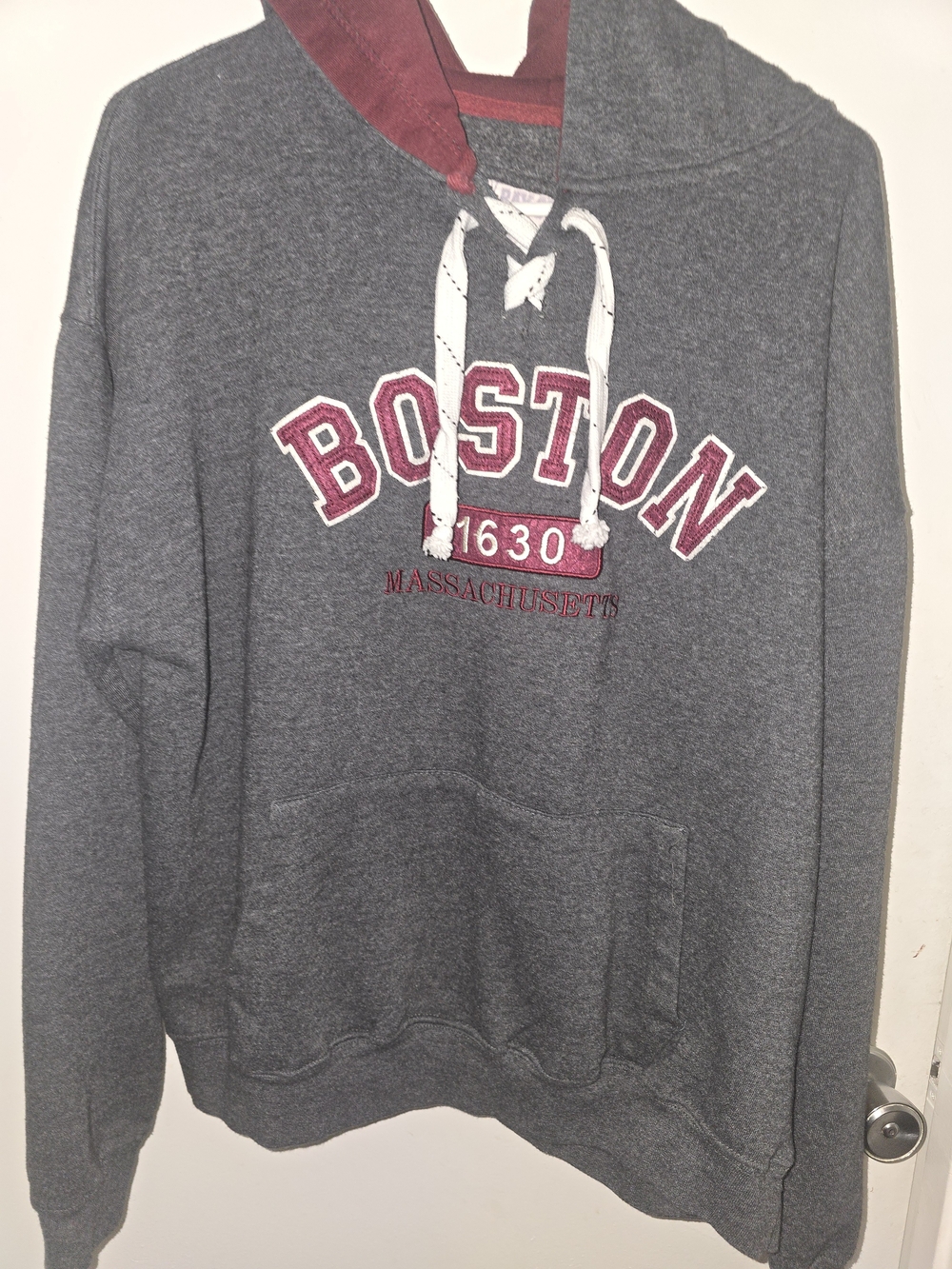 Grey Boston Graphic Hooded Sweatshirt with Maroon Accents